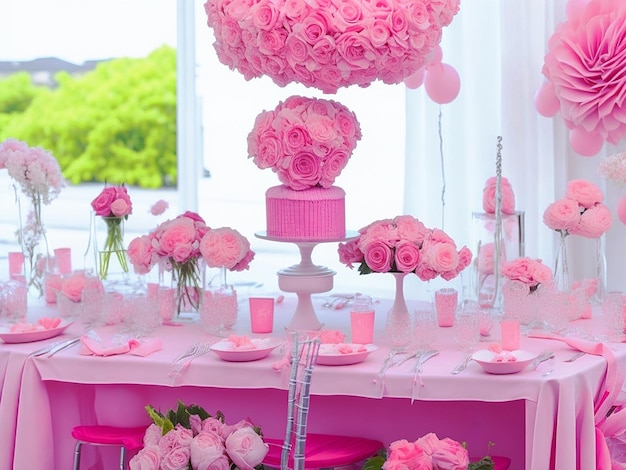 événement d'anniversaire avec gâteau chocolats bougies et roses thème rose et bleu