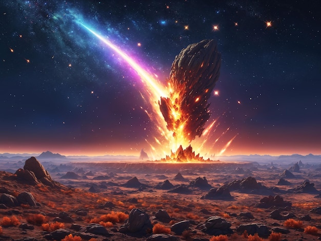 Un événement catastrophique dans l'espace où une météorite s'est écrasée sur une surface rocheuse L'image est une représentation dramatique du pouvoir destructeur des objets spatiaux