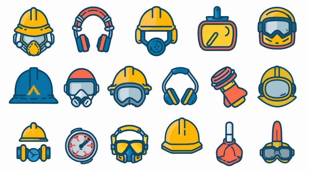Un éventail d'icônes d'équipements de sécurité stylisés et colorés, y compris des casques, des lunettes de protection et des protecteurs d'oreilles
