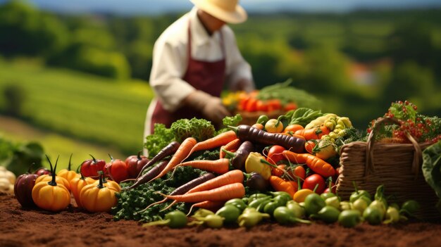 Photo un éventail de légumes biologiques frais sur le sol avec un agriculteur et son champ en arrière-plan