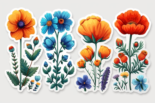 Un éventail vibrant d'autocollants de fleurs mettant en valeur les fleurs en bleu