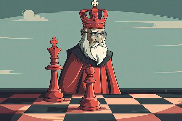 Un évêque manœuvrant gracieusement à travers le tableau symbolisant la sagesse et la prévoyance dans le jeu d'échecs dessin animé absurde