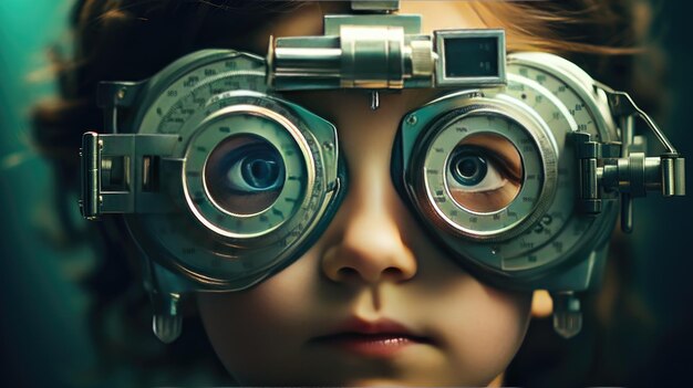 Photo examen de clarté visuelle une jeune fille subit un examen de la vue avec des lunettes vertes qui protègent et améliorent sa vision pour un avenir radieux
