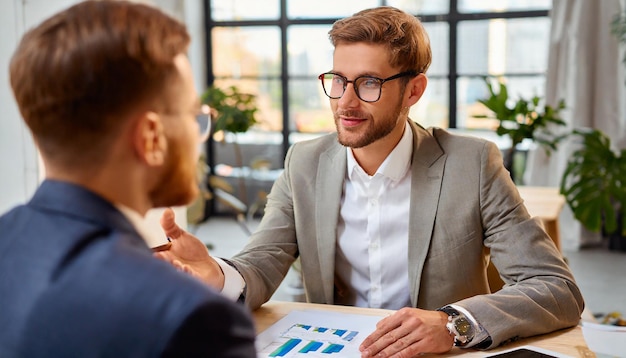 Examen du rendement des employés Le directeur discute du développement futur lors d'une réunion.