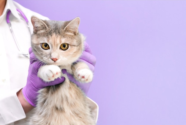 Examen vétérinaire du chat. chaton chez le vétérinaire. Clinique des animaux. Contrôle et vaccination des animaux. Soins de santé. sur fond violet. copie espace