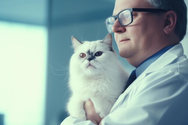 Examen vétérinaire du chat dans une clinique médicale Vétérinaire homme médecin tenant un chaton de compagnie