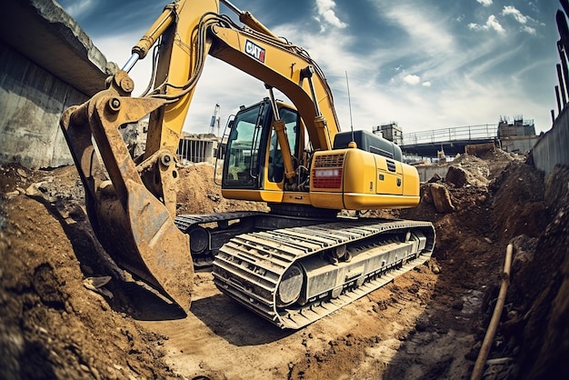 L'excavatrice de chantier de construction de route sous le pont