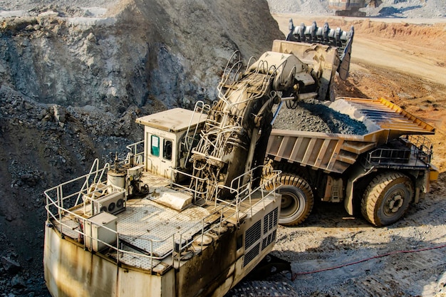 Excavatrice chargeant un gros camion à benne basculante à ciel ouvert