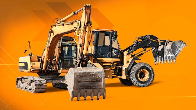 Excavatrice et chargeur de bulldozer avec gros plan de godet surélevé sur fond industriel orange Matériel de construction pour les travaux de terrassement Location de matériel de construction