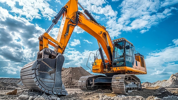 L'excavatrice et le chargeur à roues creusent le sol sur le chantier de construction sur le fond bleu du ciel