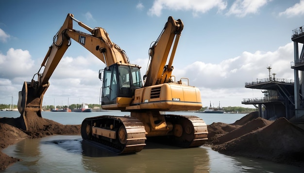 Photo une excavatrice à coquilles qui dragent un port pour approfondir la voie navigable pour les grands navires