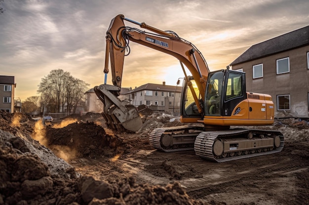 Excavatrice creusant sur un chantier de construction créé avec l'IA générative