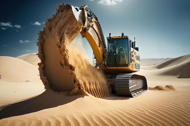 Excavatrice creusant dans le sable du désert avec des dunes sans fin en arrière-plan