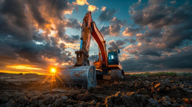 Une excavatrice creuse un trou au coucher du soleil