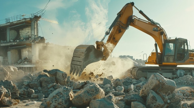 Une excavatrice démolissant du béton au milieu de la poussière sur un chantier de construction dynamique