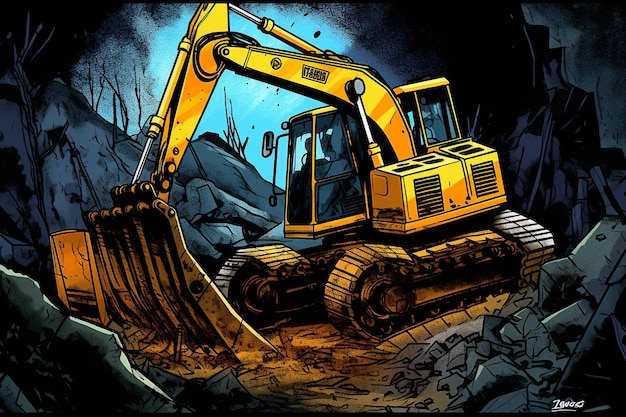 Une excavatrice est sur un tas de décombres