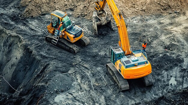 Une excavatrice gratte la terre Préparation du terrain Développement du chantier de construction Chantier de terrassement Cheval de travail mécanique puissant Productivité efficace Générée par l'IA