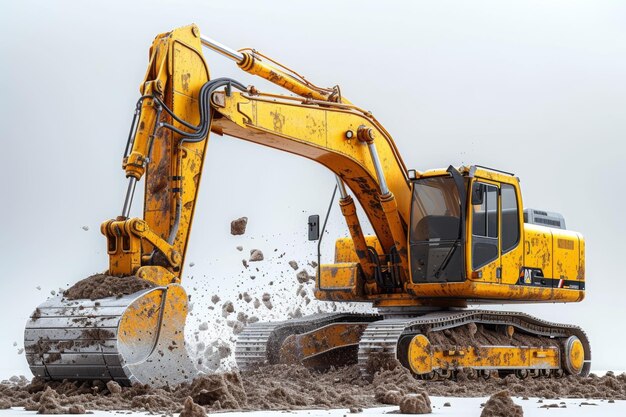 Une excavatrice jaune creuse le sol isolée sur un fond blanc Illustration