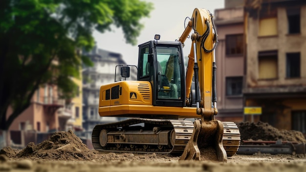 Une excavatrice jaune est sur un chantier de construction.