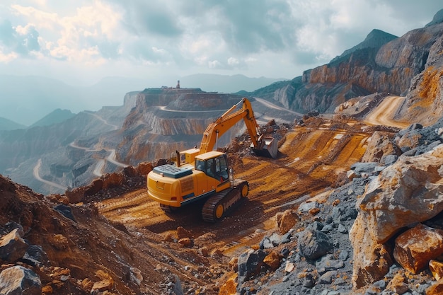Une excavatrice jaune sur une montagne d'une carrière de pierre creuse le sol exploitation minière industrielle de minerai