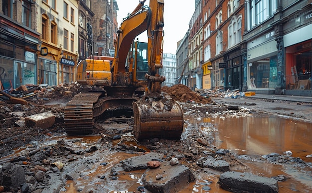 Une excavatrice à l'œuvre dans une rue boueuse