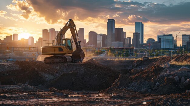 Une excavatrice solitaire se tient sur un chantier encadré par les ombres du crépuscule et l'horizon de la ville.