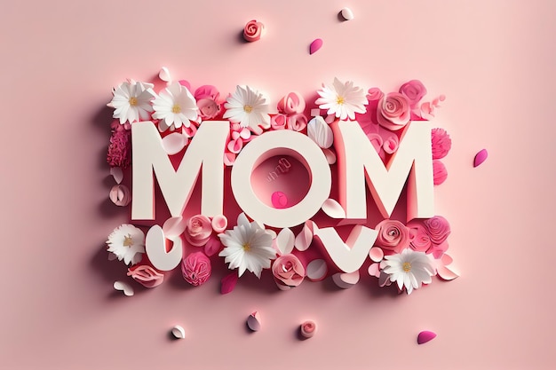 Excellent amour de maman 3D fait de lettres blanches et de fleurs sur fond rose Generative Ai