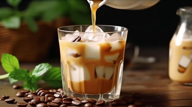 Excellent café glacé IA générative avec du lait à la menthe et des haricots sur une table en bois