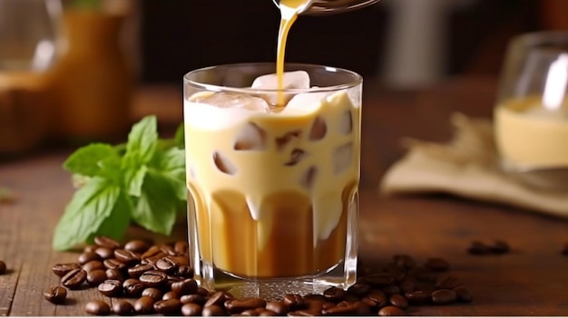 Excellent café glacé IA générative avec du lait à la menthe et des haricots sur une table en bois