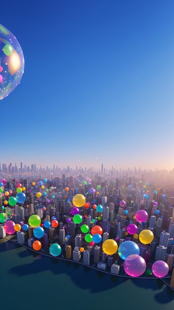 Une excellente vue d'une ville avec des ballons flottant dans l'air