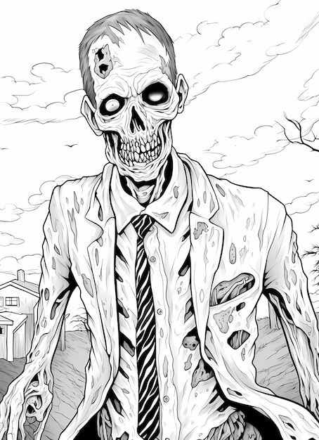 Excentrique Halloween Zombie propre Page de coloriage pour adultes dans le style manga