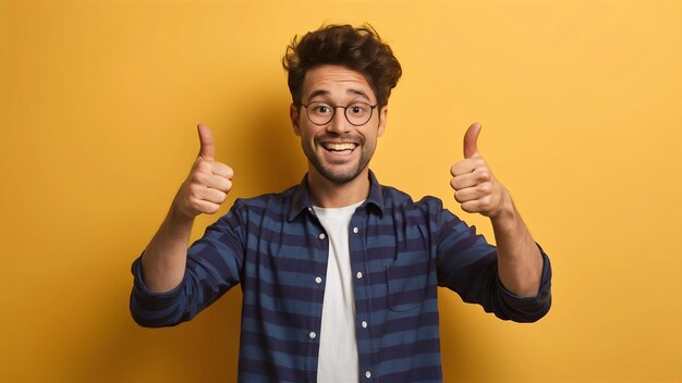 Excité homme souriant montre le pouce en l'air de soutien comme et louer quelque chose d'excellent bon travail bien faire