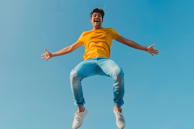 Photo excited young man in yellow tshirt jumping isolated on pink