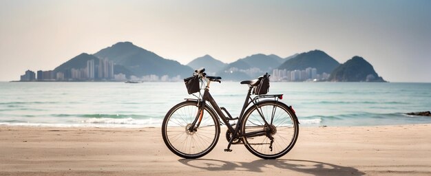 Photo excursion panoramique le long des belles plages de busan deux vélos debout avec la brise de l'océan en corée du sud p