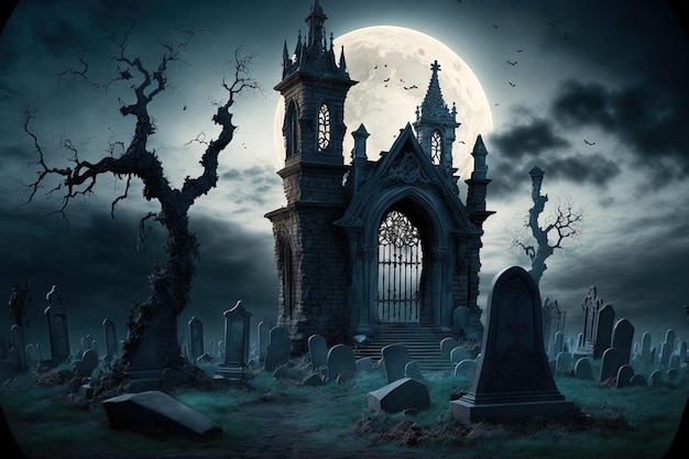 Un exemple d'idée d'Halloween un château et un cimetière comme toile de fond pour une scène effrayante