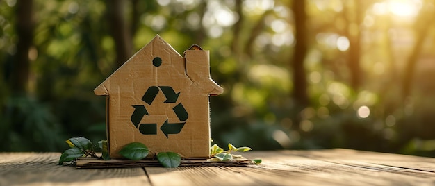 Exemple de maison en carton avec symbole de recyclage concept respectueux de l'environnement dans une surface en bois avec un espace vide IA générative