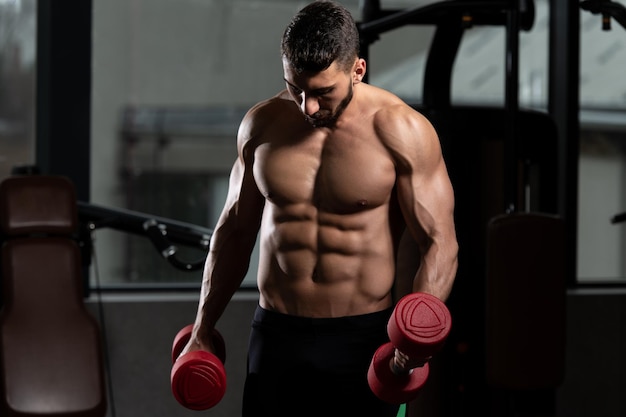 Exercice de biceps avec des haltères dans une salle de sport