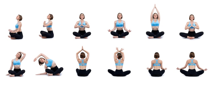 Photo exercice de méditation et de yoga sur un fond isolé dans la gaieté.