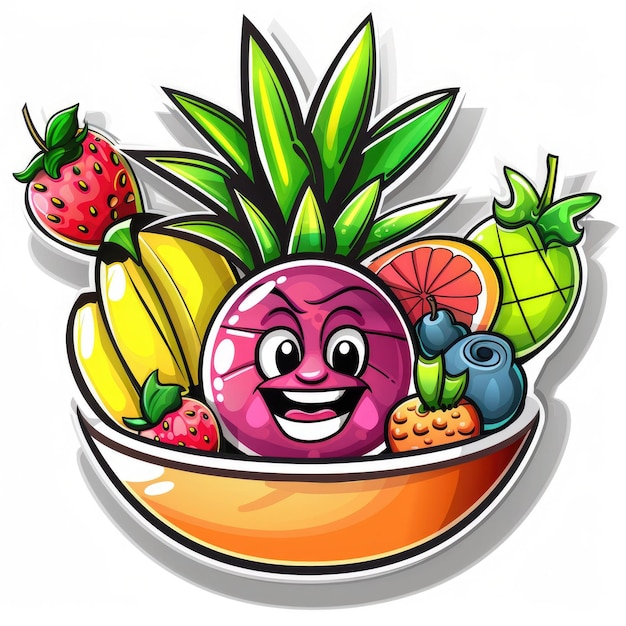 Photo exotische fruchte in einer schale logo de bande dessinée moderne en autocollant 2d illustration de fond blanc comme une