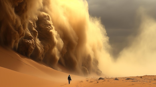 Photo expédition de tempête de sable la détermination de l'homme au milieu d'une tempête de sable ia générative