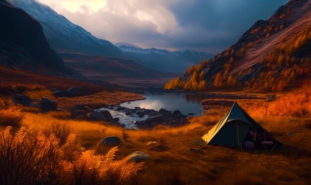 Une expérience de camping sereine dans les Majestic Mountains Une tente dans un champ avec des montagnes en arrière-plan