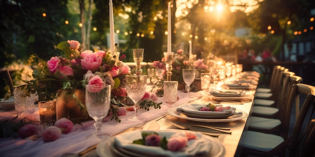 Une expérience culinaire élégante en plein air entourée d'une végétation luxuriante et de lumières chaleureuses