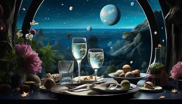Une expérience culinaire magique dans l'espace avec du champagne magique et un dessert et une planète à l'extérieur