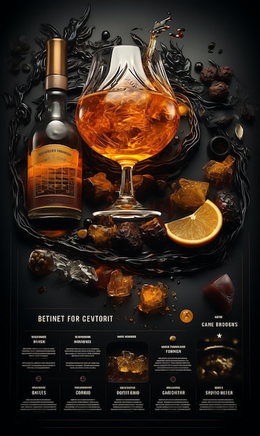 Photo expérience de dégustation de whisky coloré avec un charbon de bois raffiné et de l'or concepts créatifs idées de conception