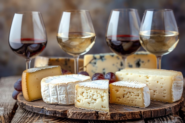 Une expérience élégante de dégustation de fromage et de vin avec une variété de fromages gourmets et des verres de rouge et de vin