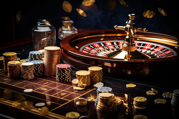 Une expérience de jeu immersive au Golden Casino avec des dés de roulette et des jetons de poker