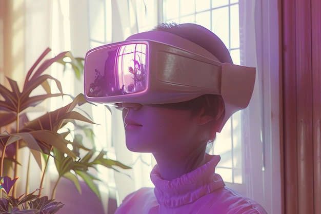 Expérience VR tranquille à la maison avec la lumière du soleil et les plantes d'intérieur