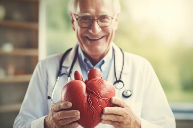 L'expert en cardiologie compatissante tient doucement un cœur cramoisi qui incarne le professionnalisme et l'empathie.