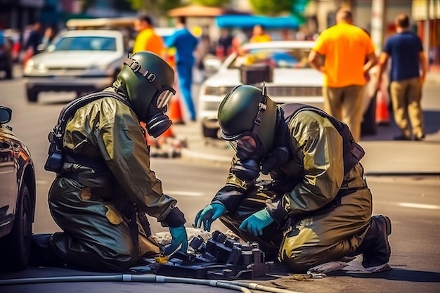 Photo un expert en déminage de bombes de highstakes inspecte en toute sécurité un véhicule suspect à bucarest