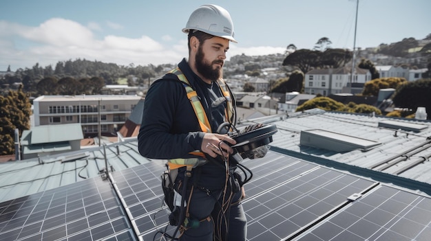 Un expert solaire installant des panneaux d'énergie verte pour une vie durable capturé franchement sur un toit AI générative